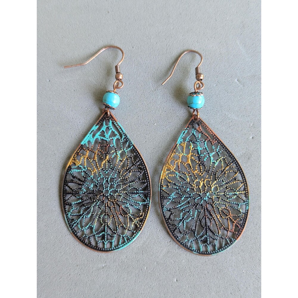 Vintage Verdigris Filigree Teardrop Dangle Earrings Turquoise Bead Boho